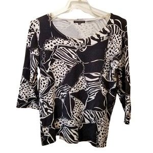 Pierri NY Long Sleeve Abstract Print Stretch Knit Sweater Black White Size XL